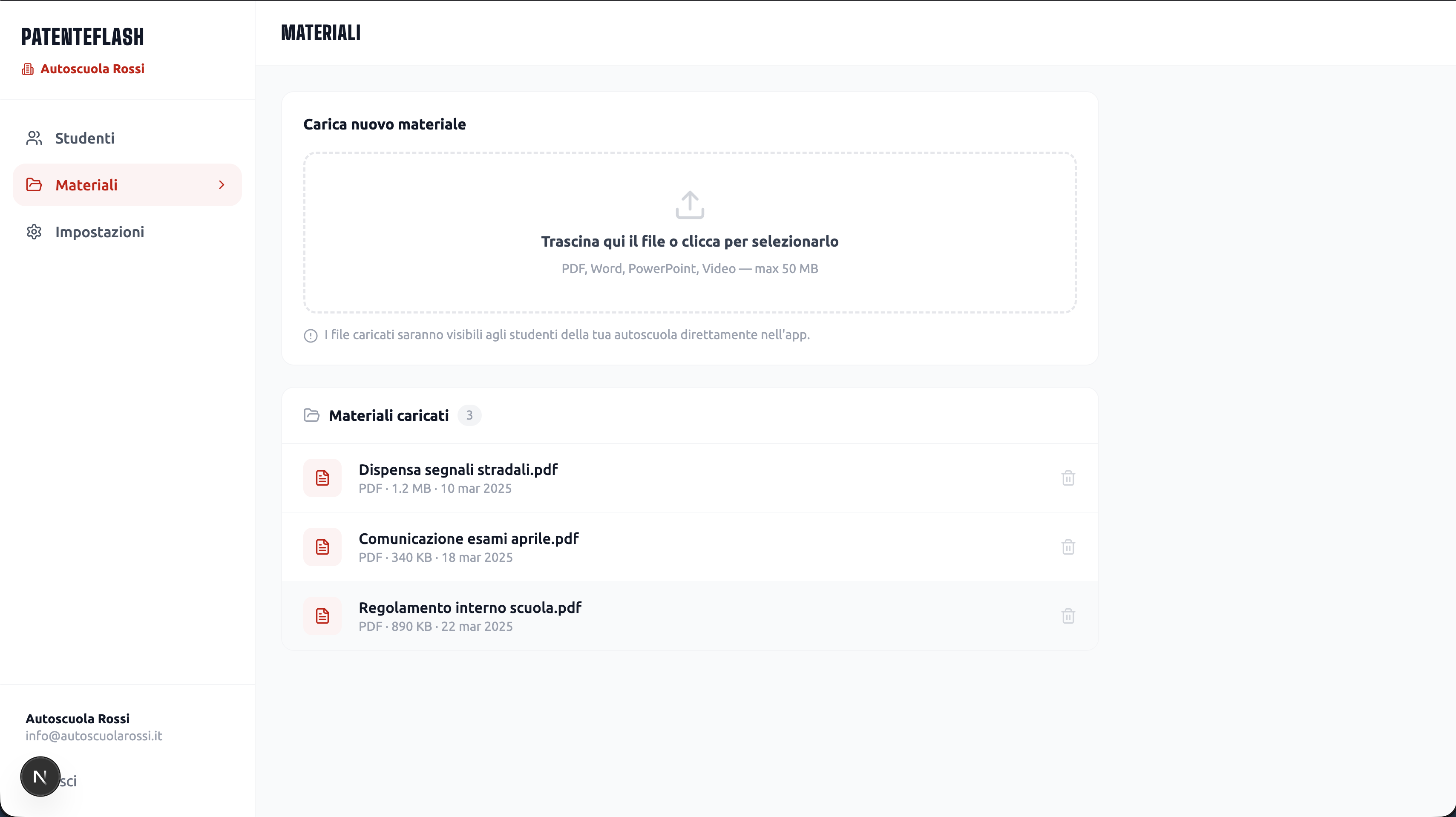 Dashboard PatenteFlash — caricamento materiali didattici
