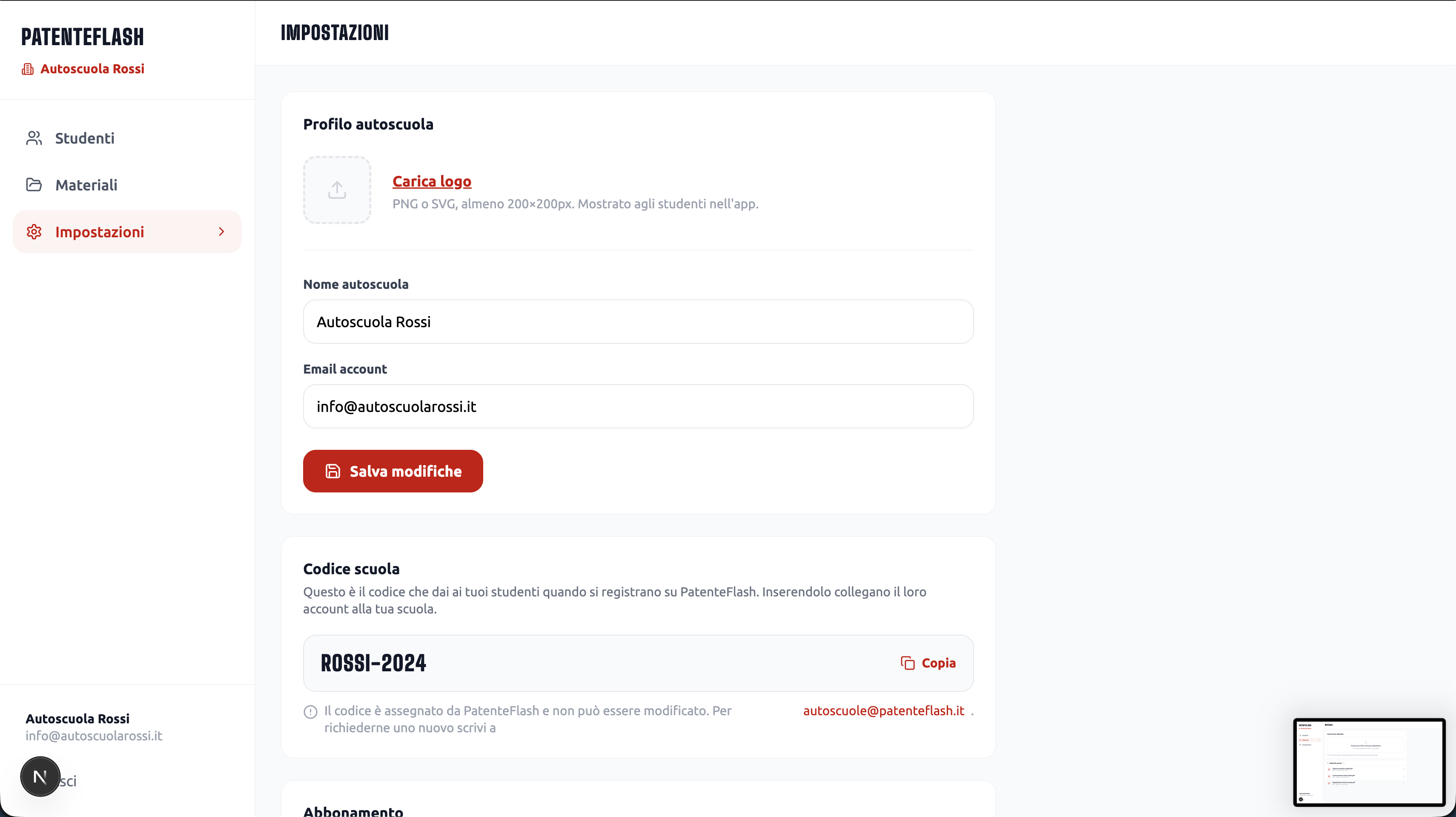 Dashboard PatenteFlash — impostazioni personalizzazione autoscuola