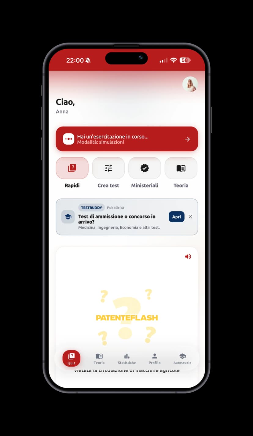La schermata home dell’app PatenteFlash