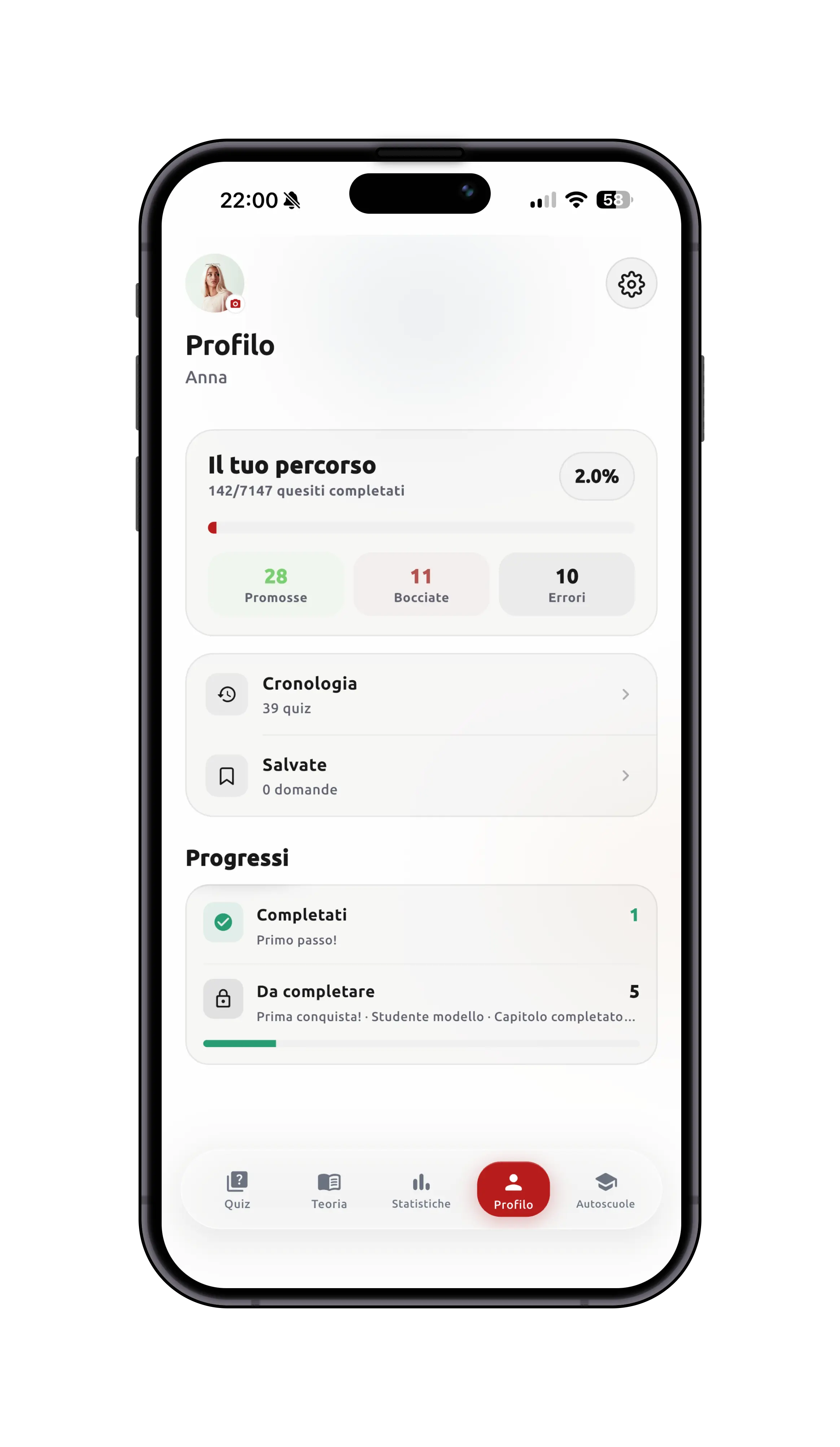 App PatenteFlash — profilo e percorso